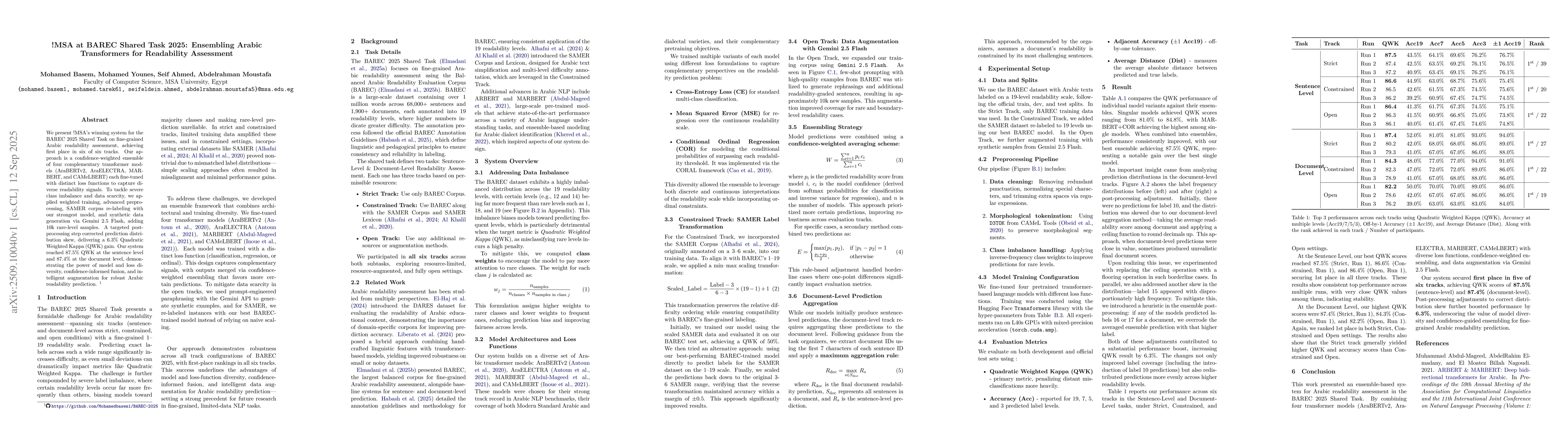Thumbnail for !MSA at BAREC Shared Task 2025: Ensembling Arabic Transformers for
  Readability Assessment
