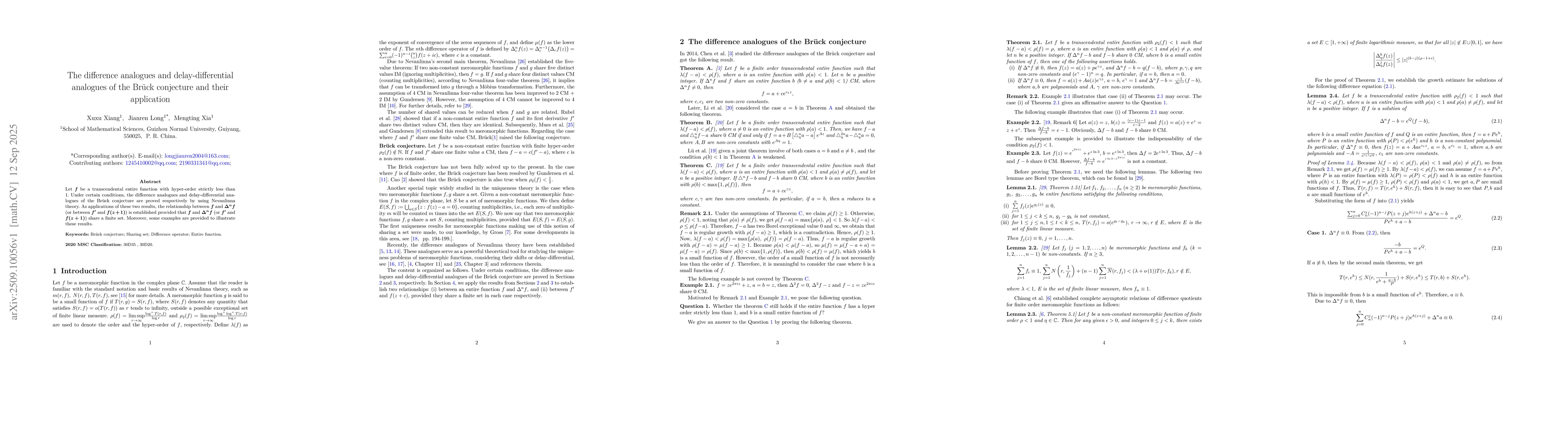 Thumbnail for The difference analogues and delay-differential analogues of the Brück
  conjecture and their application