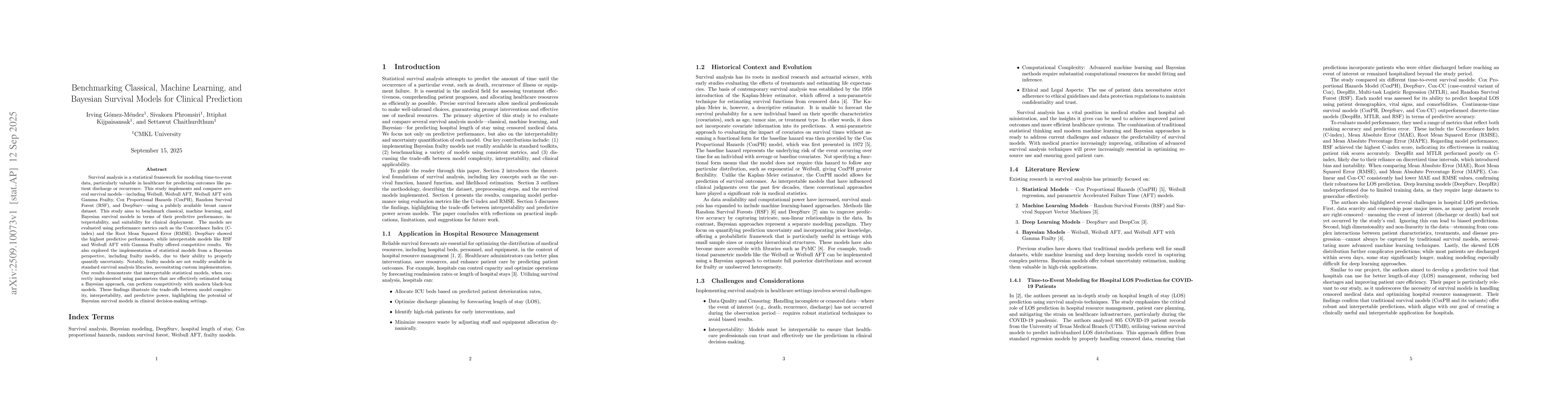 Thumbnail for Benchmarking Classical, Machine Learning, and Bayesian Survival Models
  for Clinical Prediction