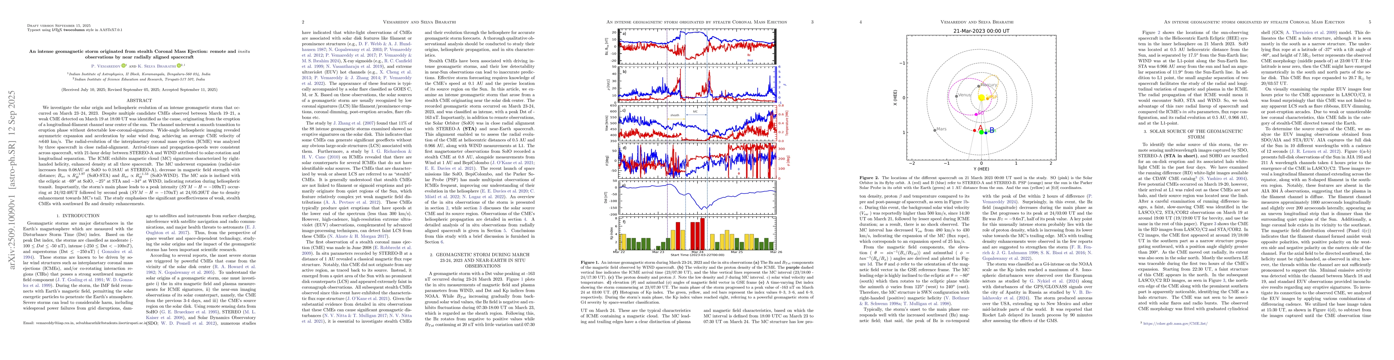 Thumbnail for An intense geomagnetic storm originated from stealth Coronal Mass
  Ejection: remote and $in situ$ observations by near radially aligned
  spacecraft