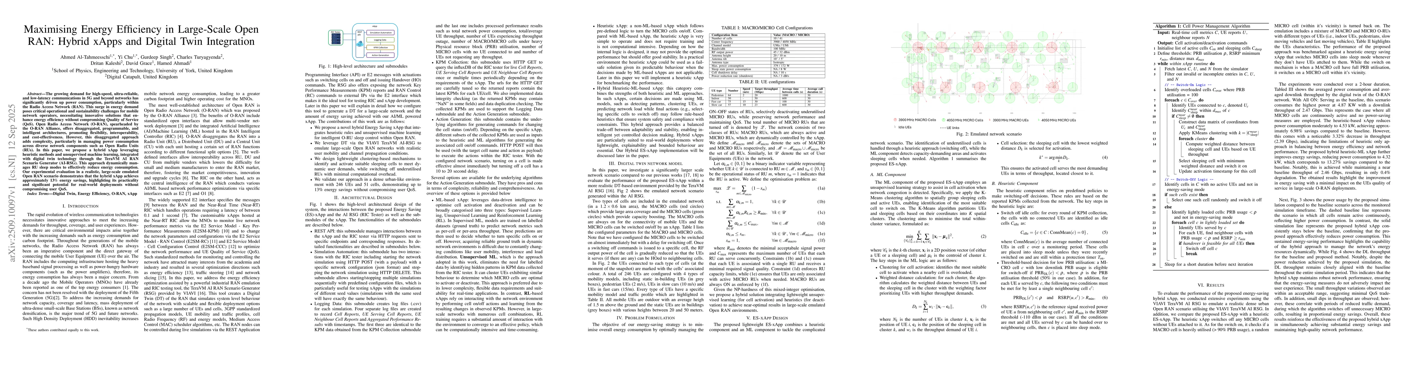 Thumbnail for Maximising Energy Efficiency in Large-Scale Open RAN: Hybrid xApps and
  Digital Twin Integration