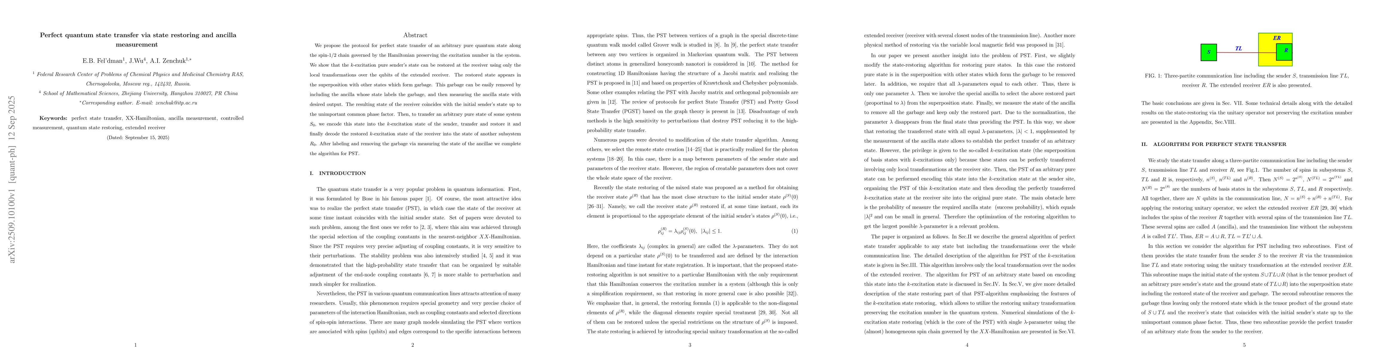 Thumbnail for Perfect quantum state transfer via state restoring and ancilla
  measurement