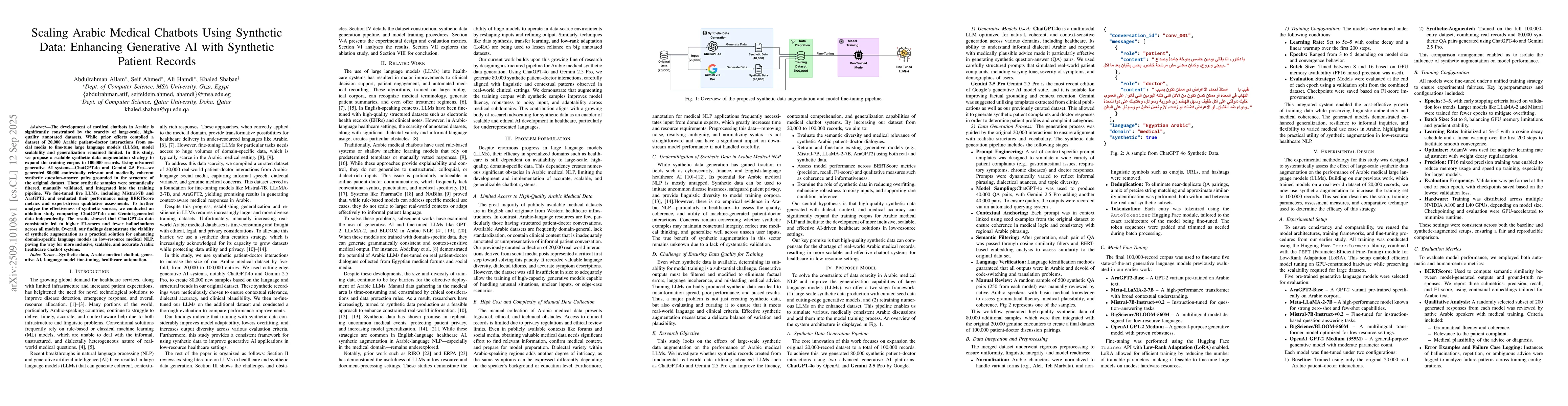 Thumbnail for Scaling Arabic Medical Chatbots Using Synthetic Data: Enhancing
  Generative AI with Synthetic Patient Records