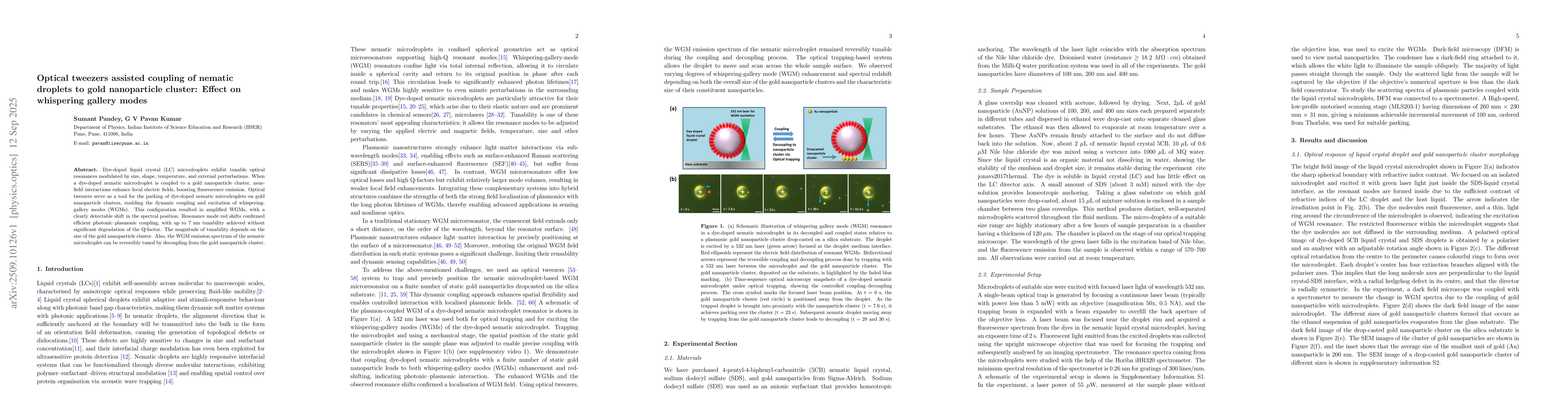 Thumbnail for Optical tweezers assisted coupling of nematic droplets to gold
  nanoparticle cluster: Effect on whispering gallery modes