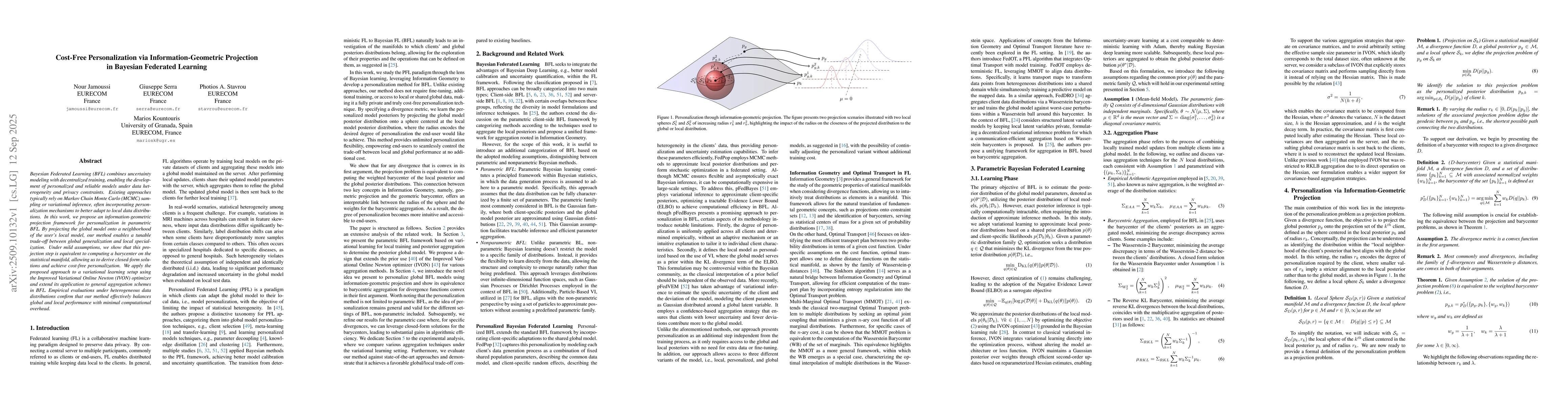 Thumbnail for Cost-Free Personalization via Information-Geometric Projection in
  Bayesian Federated Learning