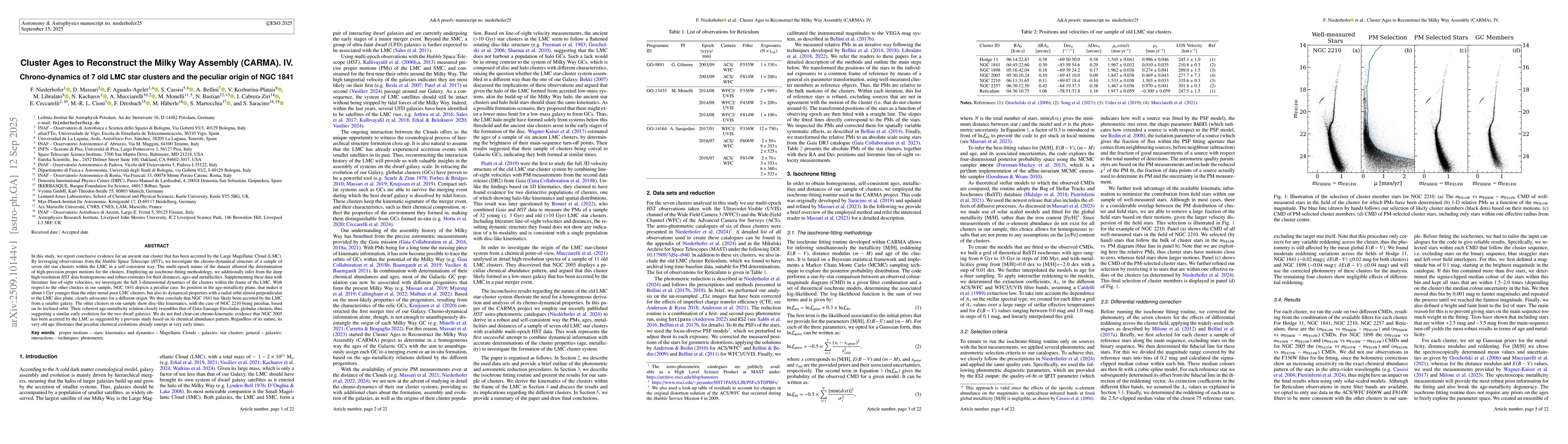 Thumbnail for Cluster Ages to Reconstruct the Milky Way Assembly (CARMA) IV.
  Chrono-dynamics of seven old star clusters in the Large Magellanic Cloud and
  the peculiar origin of NGC 1841