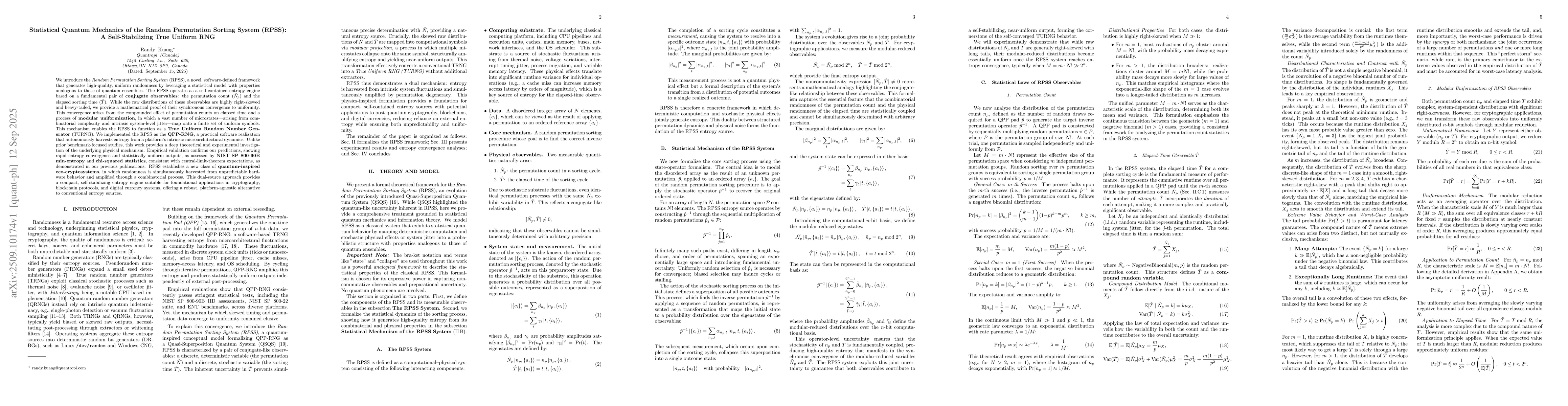 Thumbnail for Statistical Quantum Mechanics of the Random Permutation Sorting System
  (RPSS): A Self-Stabilizing True Uniform RNG