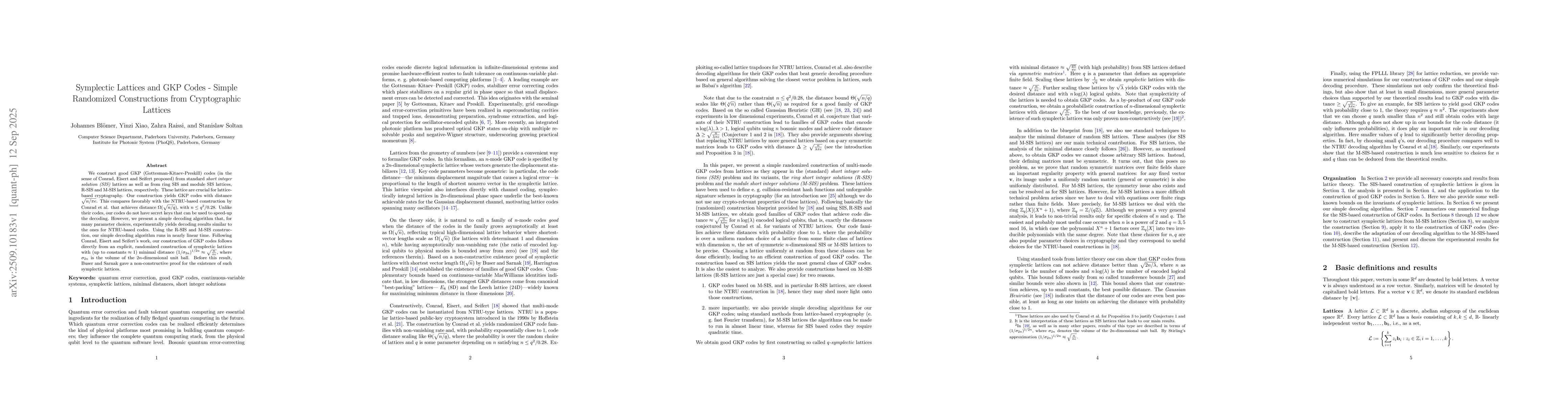 Thumbnail for Symplectic Lattices and GKP Codes -- Simple Randomized Constructions
  from Cryptographic Lattices
