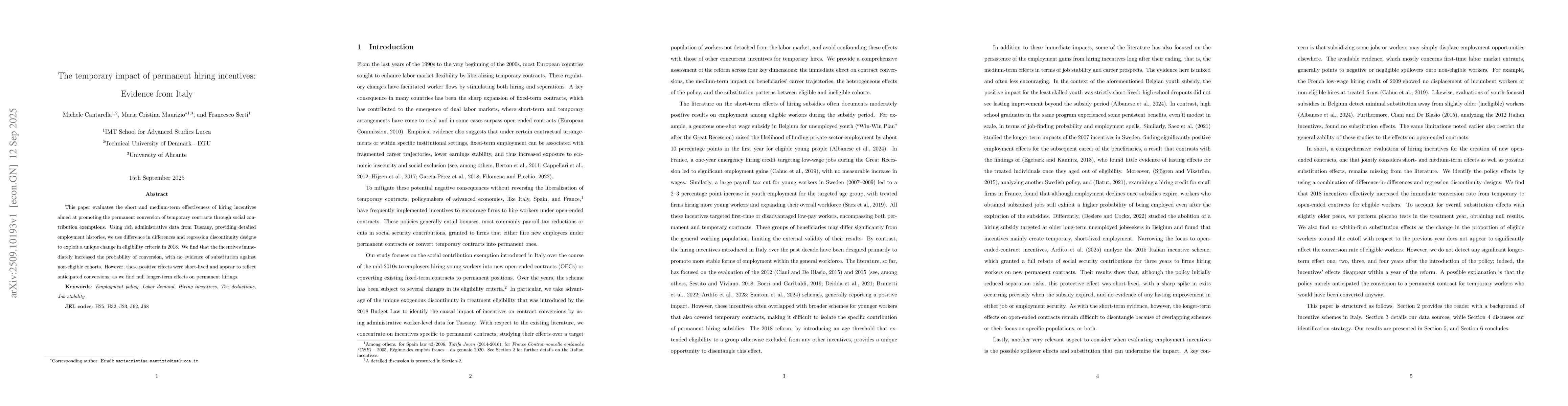 Thumbnail for The temporary impact of permanent hiring incentives: Evidence from Italy