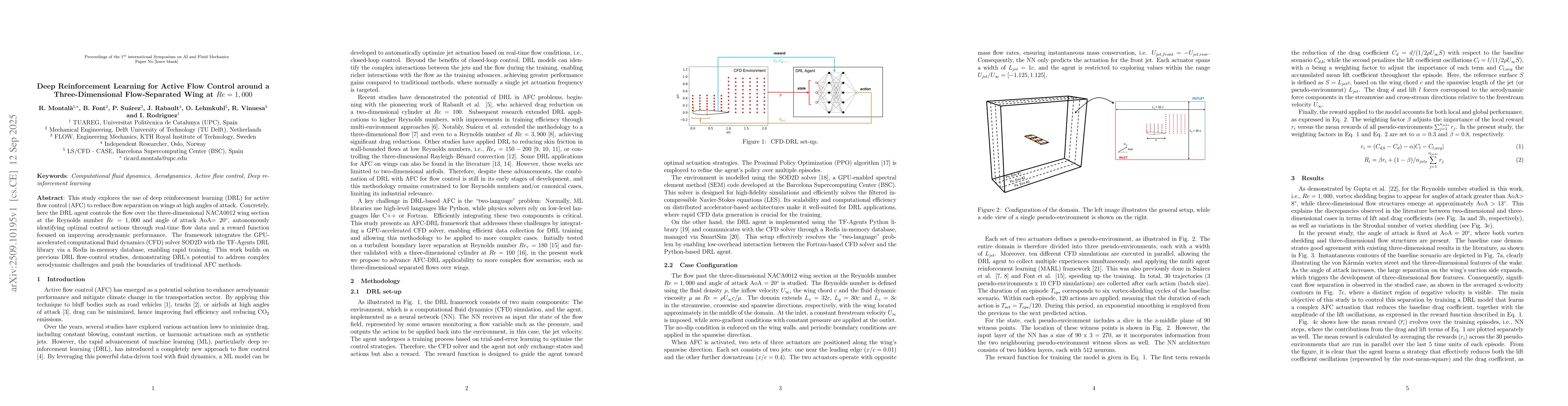 Thumbnail for Deep Reinforcement Learning for Active Flow Control around a
  Three-Dimensional Flow-Separated Wing at Re = 1,000