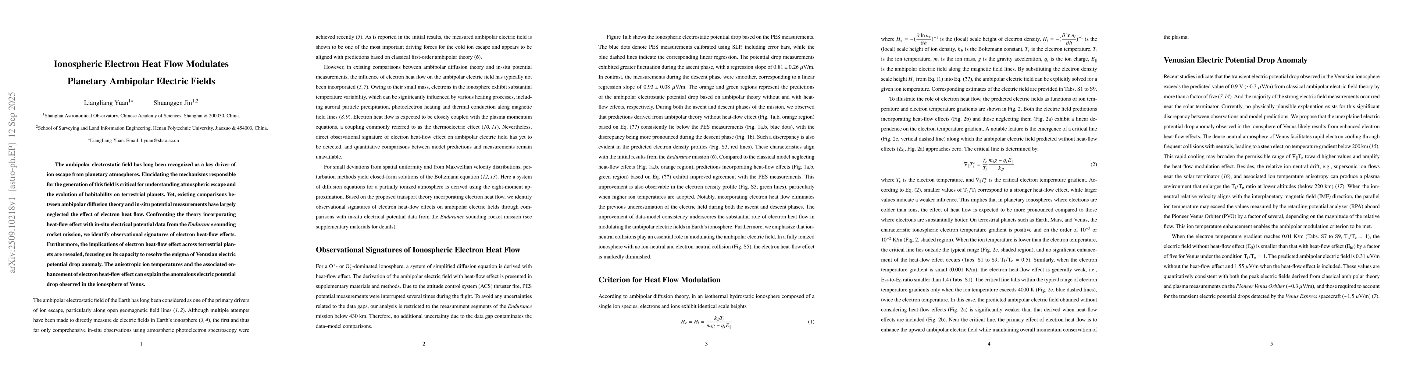 Thumbnail for Ionospheric Electron Heat Flow Modulates Planetary Ambipolar Electric
  Fields