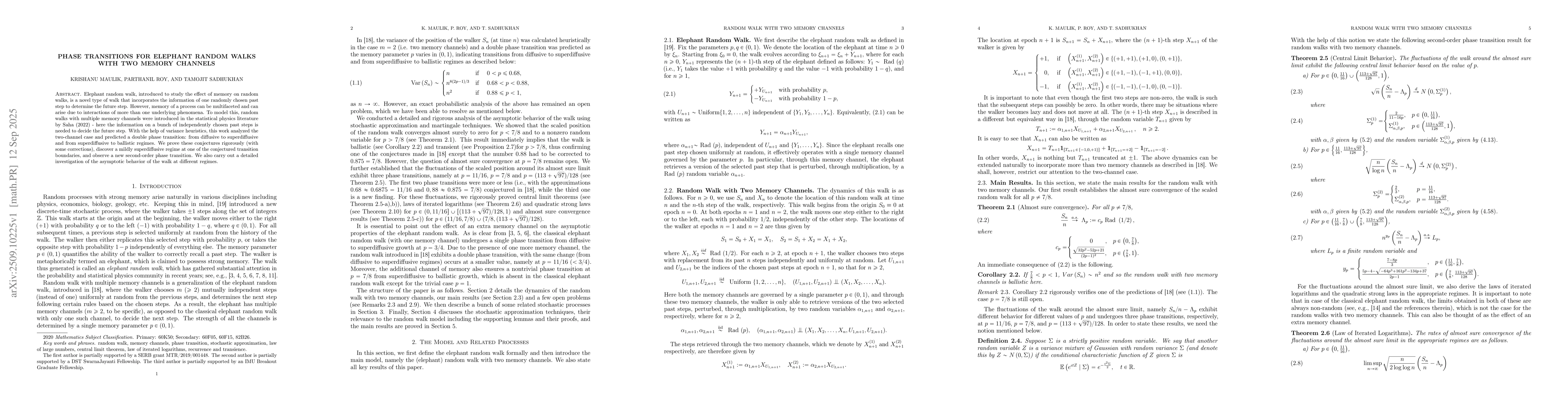 Thumbnail for Phase Transitions for Elephant Random Walks with Two memory Channels
