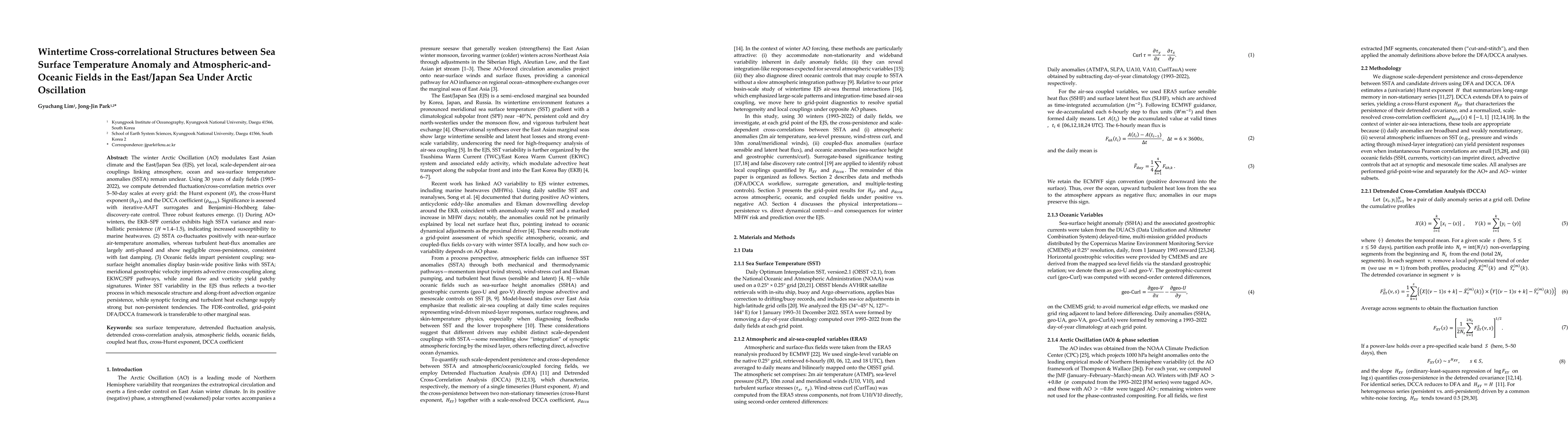 Thumbnail for Wintertime Cross-correlational Structures between Sea Surface
  Temperature Anomaly and Atmospheric-and-Oceanic Fields in the East/Japan Sea
  Under Arctic Oscillation
