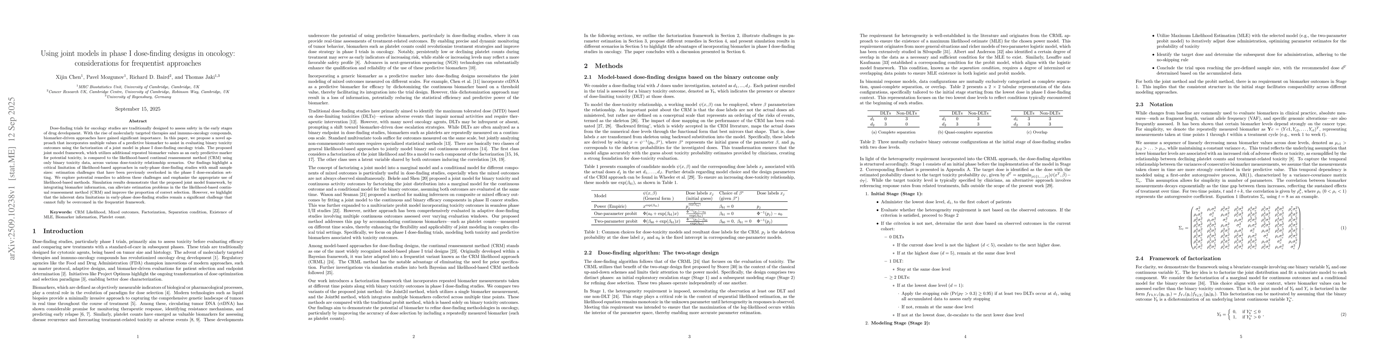 Thumbnail for Using joint models in phase I dose-finding designs in oncology:
  considerations for frequentist approaches