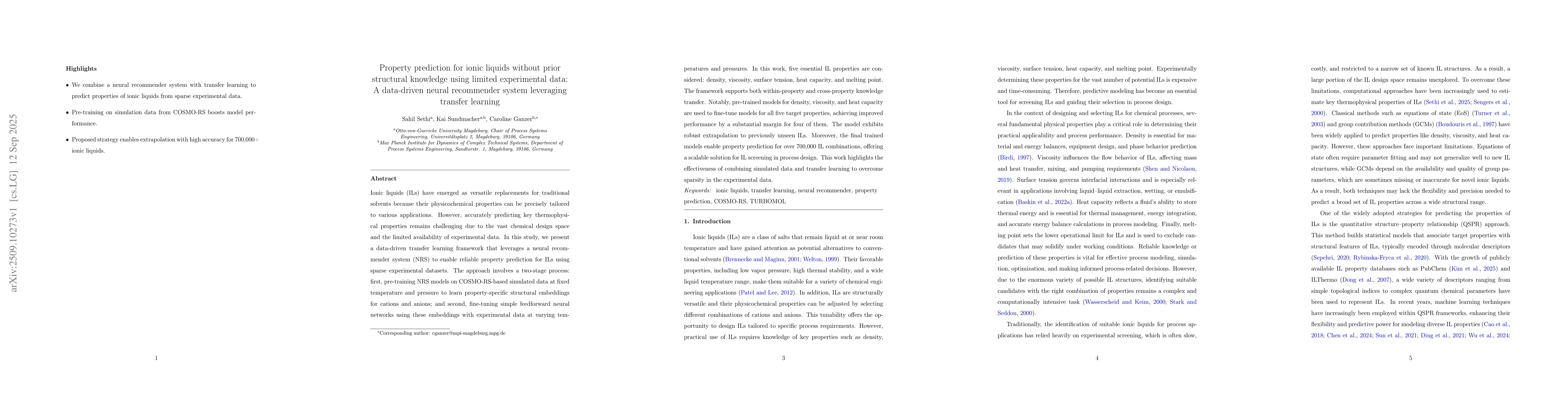 Thumbnail for Property prediction for ionic liquids without prior structural knowledge
  using limited experimental data: A data-driven neural recommender system
  leveraging transfer learning