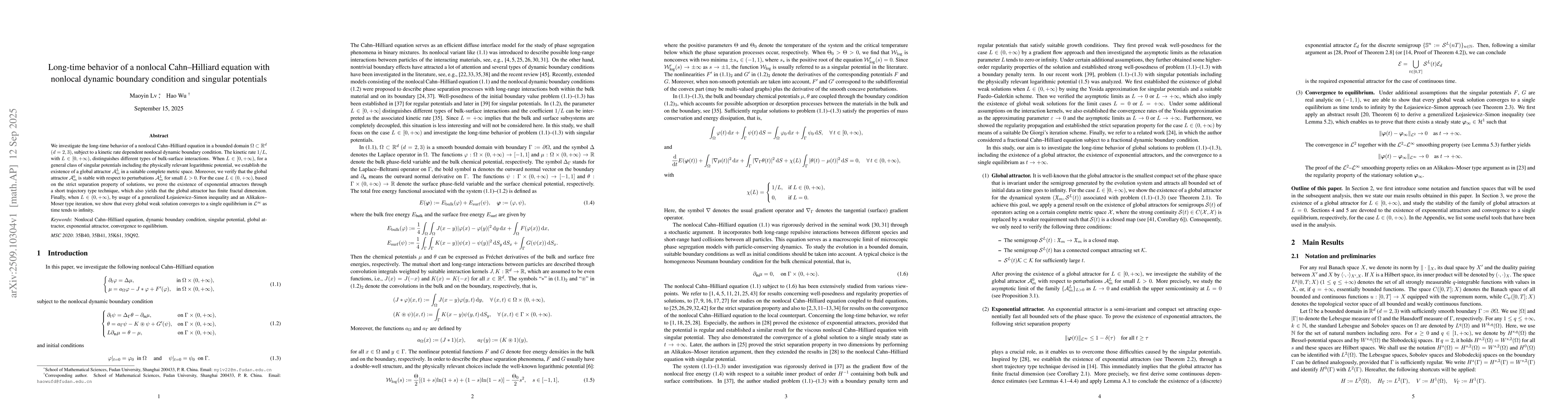 Thumbnail for Long-time behavior of a nonlocal Cahn-Hilliard equation with nonlocal
  dynamic boundary condition and singular potentials