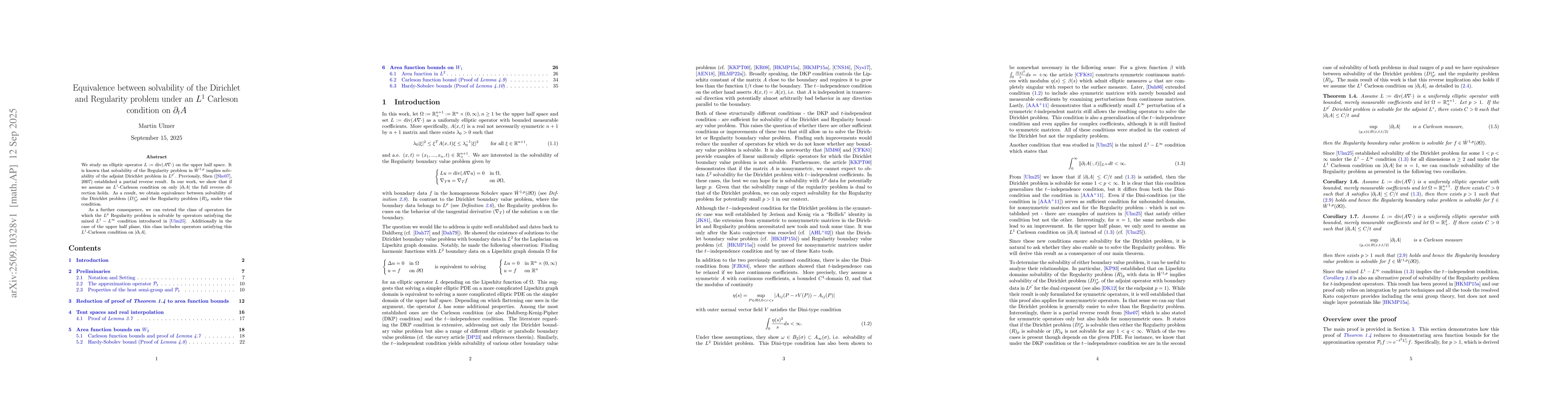 Thumbnail for Equivalence between solvability of the Dirichlet and Regularity problem
  under an $L^1$ Carleson condition on $\partial_t A$
