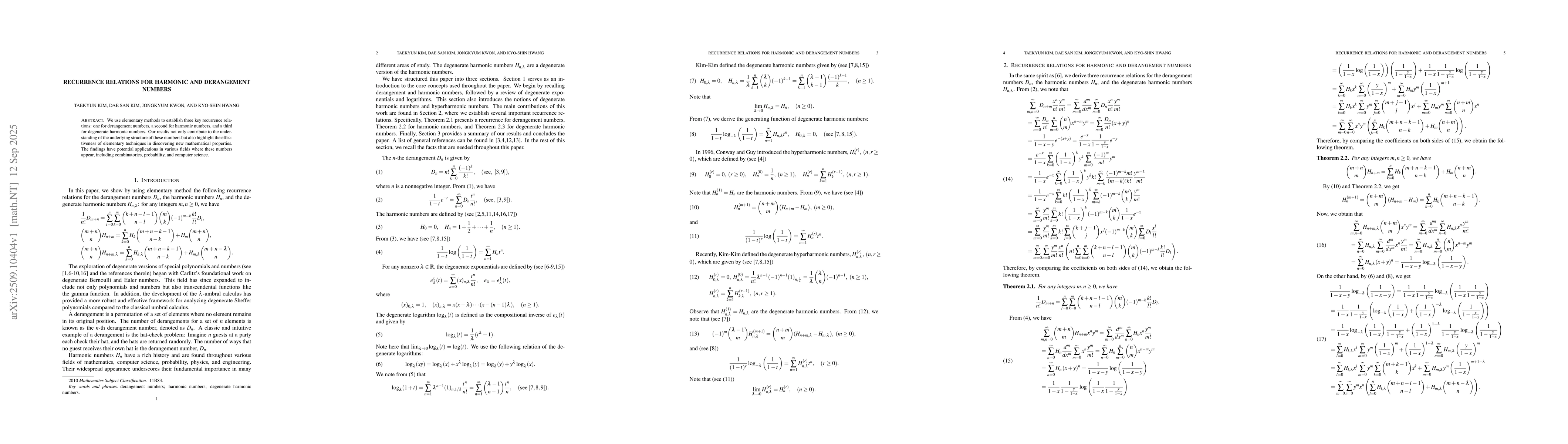 Thumbnail for Recurrence relations for harmonic and derangement numbers