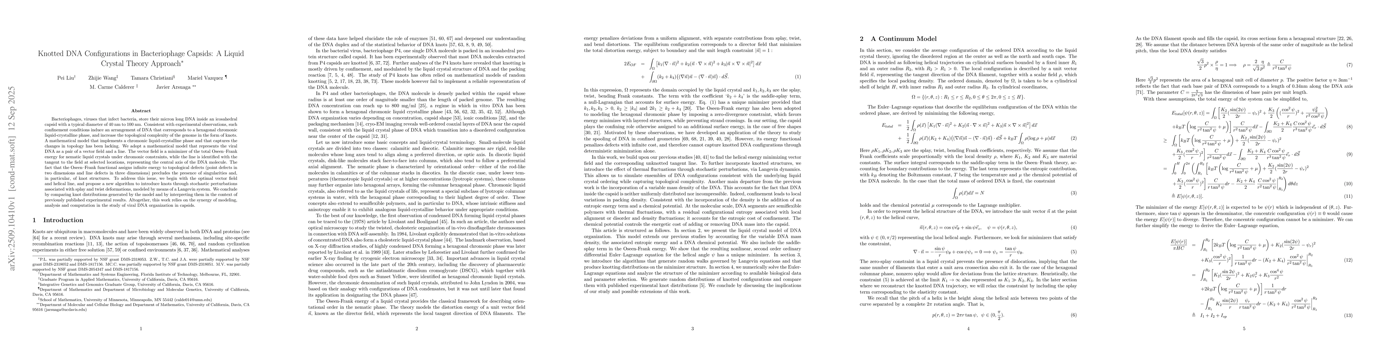 Thumbnail for Knotted DNA Configurations in Bacteriophage Capsids: A Liquid Crystal
  Theory Approach