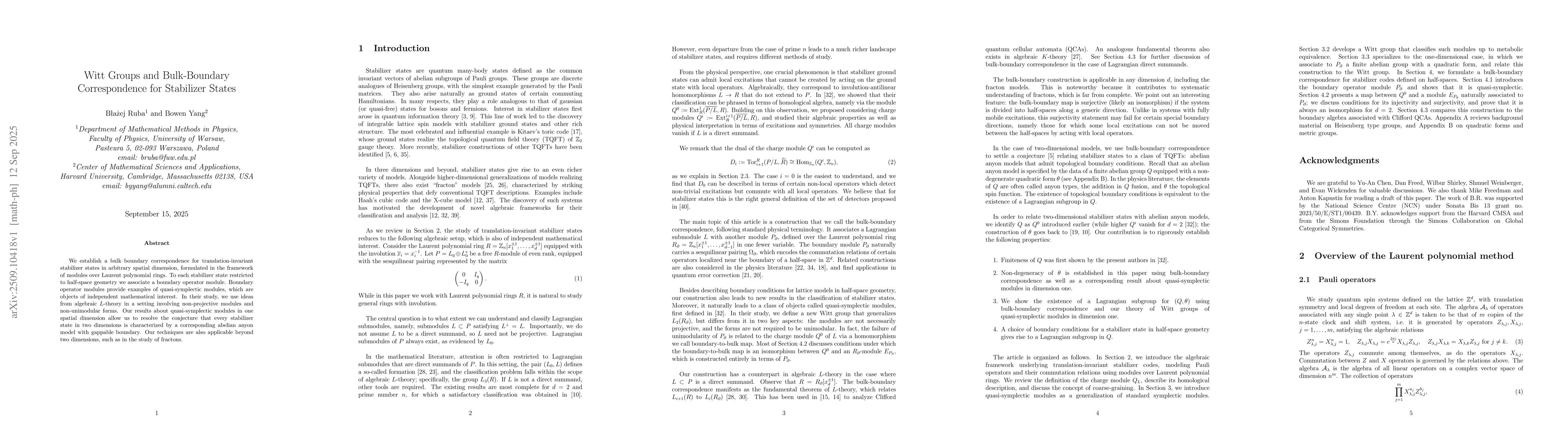 Thumbnail for Witt Groups and Bulk-Boundary Correspondence for Stabilizer States