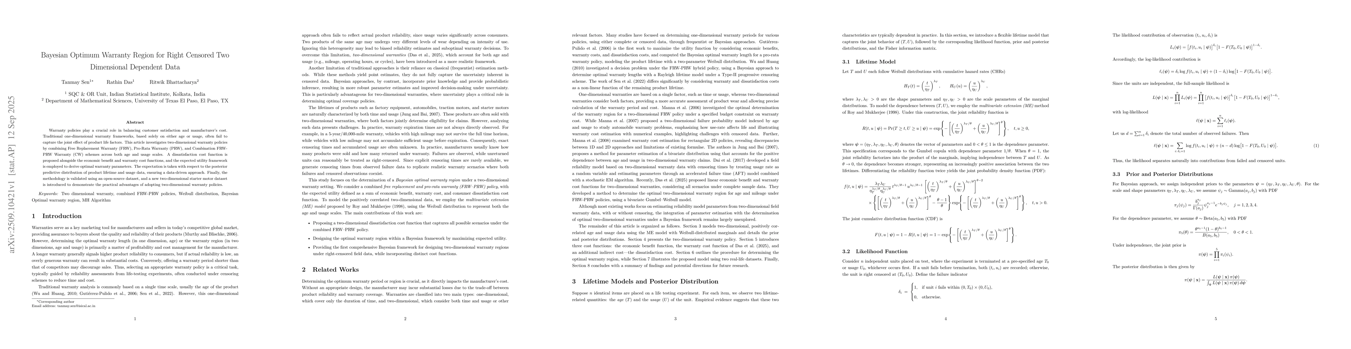 Thumbnail for Bayesian Optimum Warranty Region for Right Censored Two Dimensional
  Dependent Data