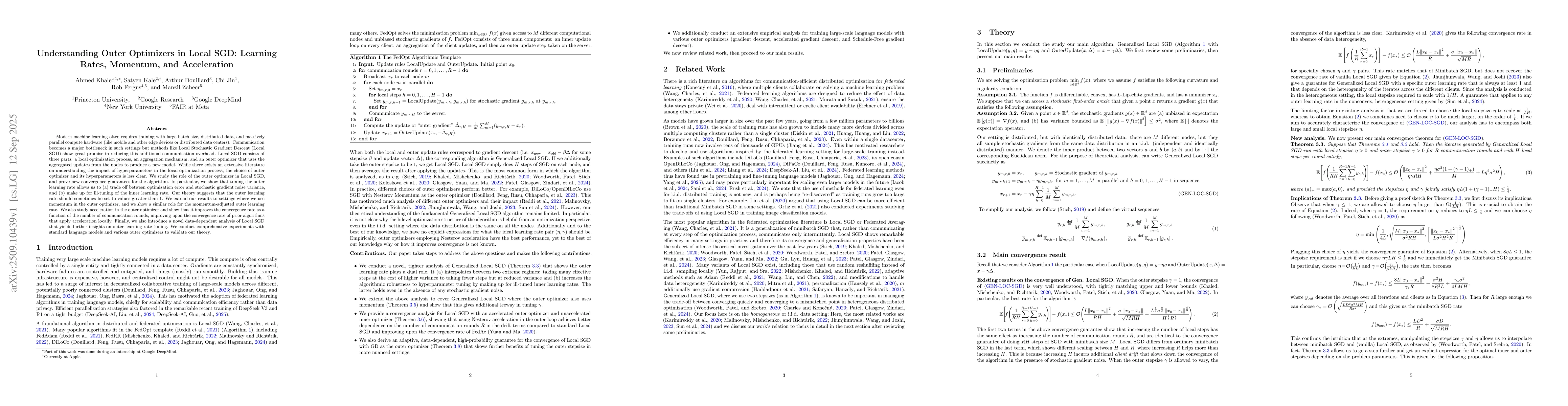 Thumbnail for Understanding Outer Optimizers in Local SGD: Learning Rates, Momentum,
  and Acceleration