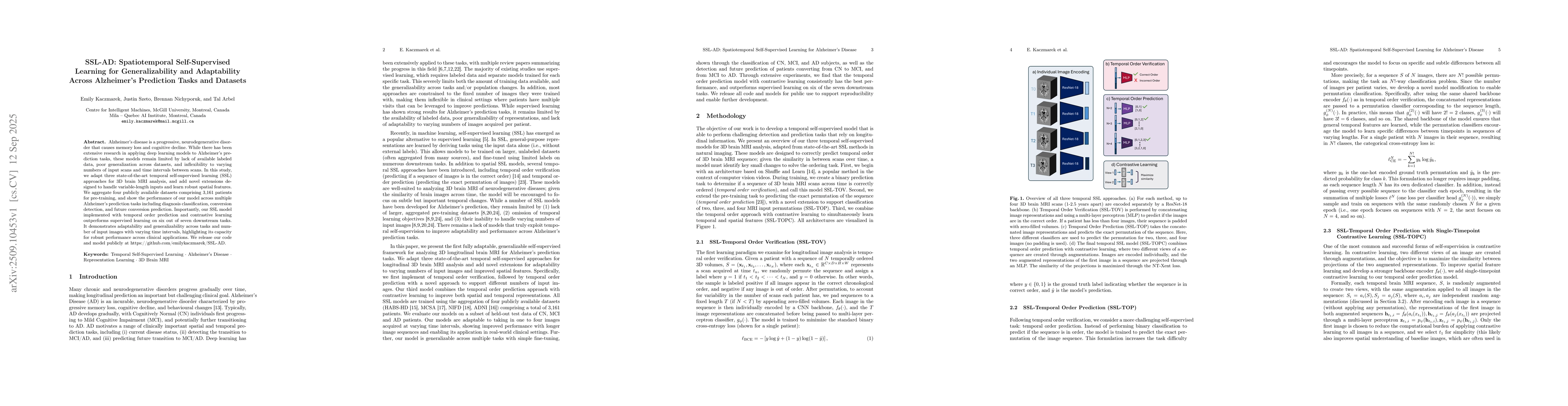 Thumbnail for SSL-AD: Spatiotemporal Self-Supervised Learning for Generalizability and
  Adaptability Across Alzheimer's Prediction Tasks and Datasets