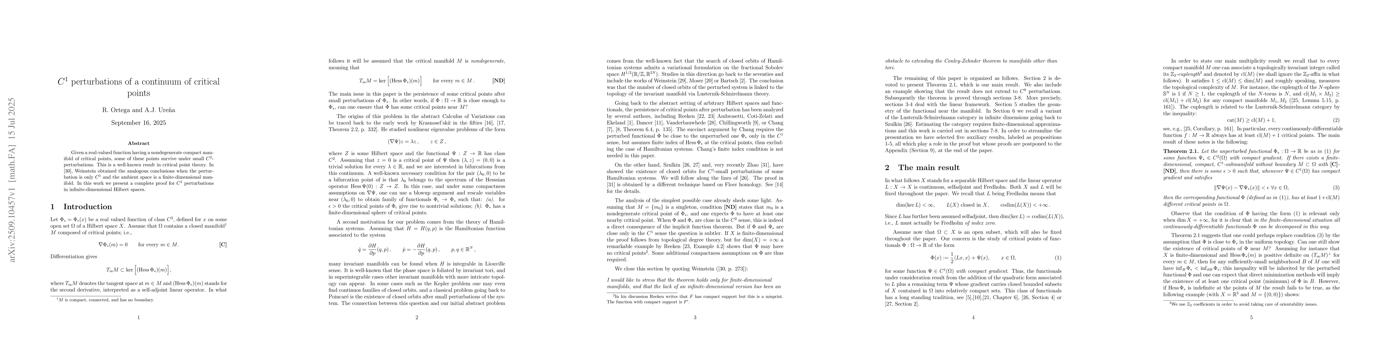 Thumbnail for $C^1$ perturbations of a continuum of critical points