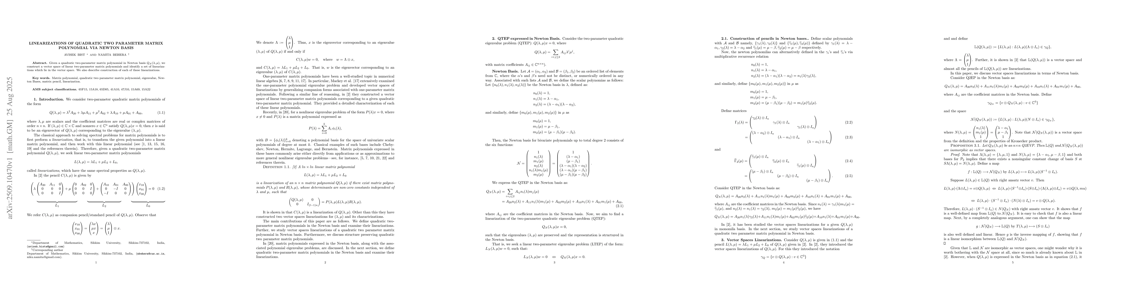 Thumbnail for Linearizations of Quadratic Two-parameter Matrix Polynomial Via Newton
  basis