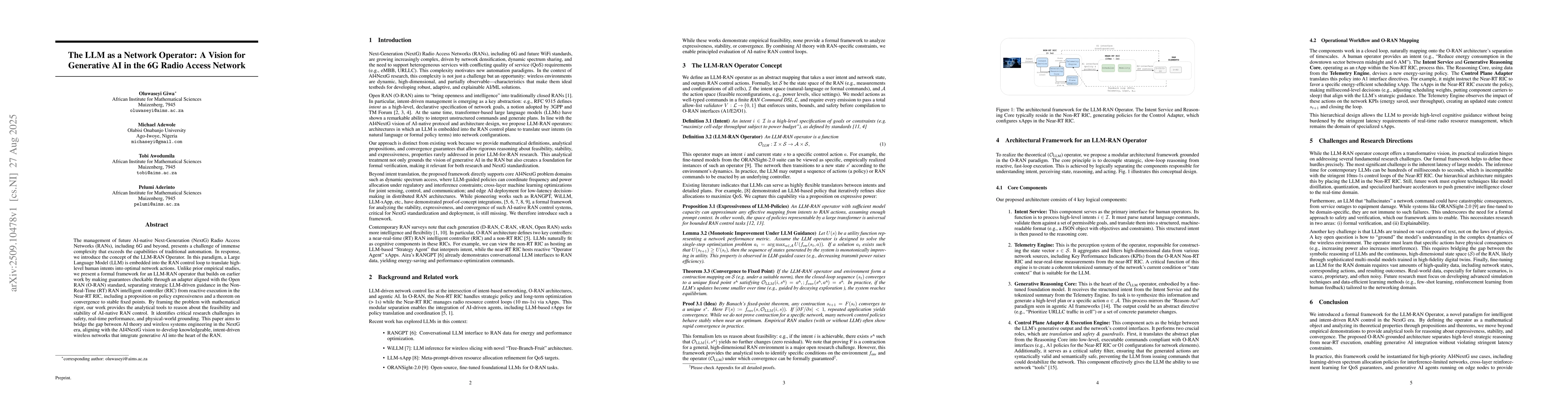 Thumbnail for The LLM as a Network Operator: A Vision for Generative AI in the 6G
  Radio Access Network