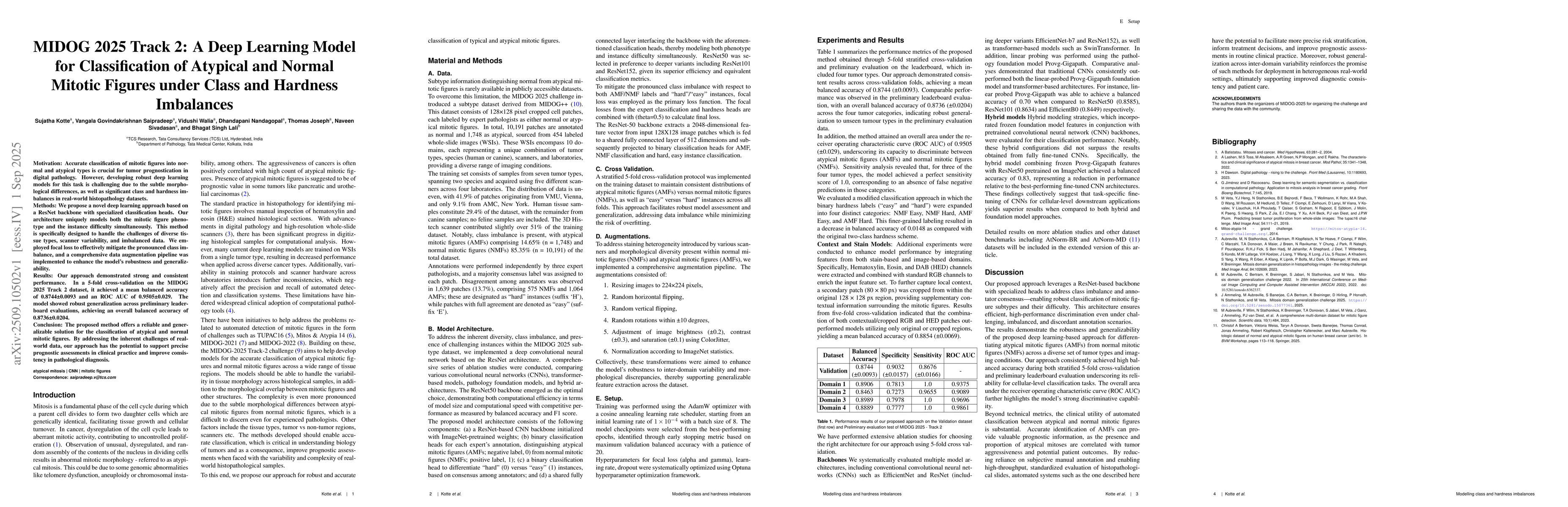 Thumbnail for MIDOG 2025 Track 2: A Deep Learning Model for Classification of Atypical
  and Normal Mitotic Figures under Class and Hardness Imbalances