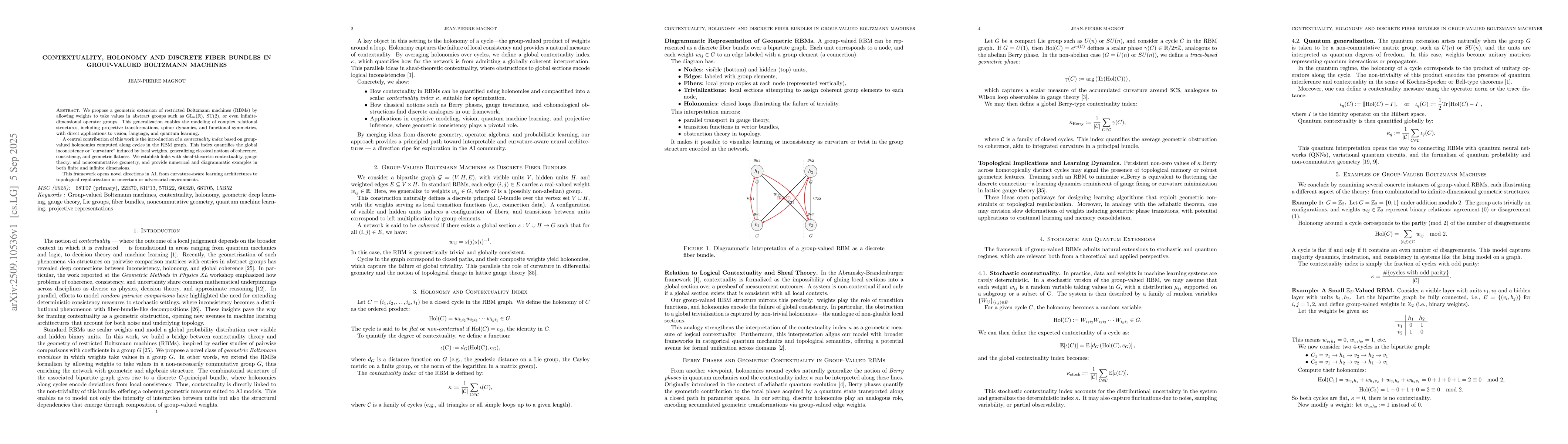Thumbnail for Contextuality, Holonomy and Discrete Fiber Bundles in Group-Valued
  Boltzmann Machines