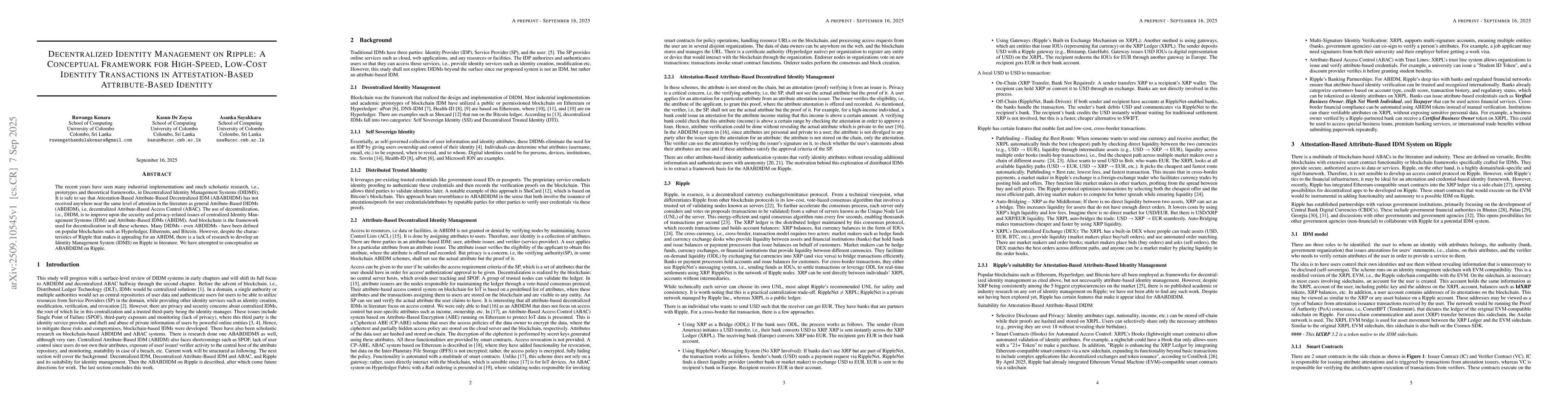 Thumbnail for Decentralized Identity Management on Ripple: A Conceptual Framework for
  High-Speed, Low-Cost Identity Transactions in Attestation-Based
  Attribute-Based Identity