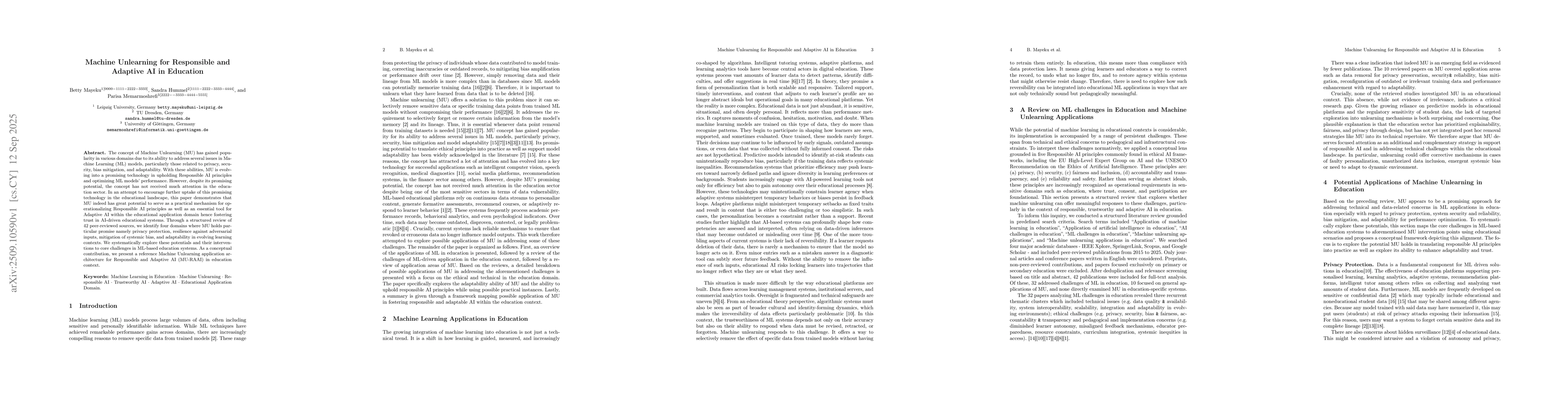 Thumbnail for Machine Unlearning for Responsible and Adaptive AI in Education