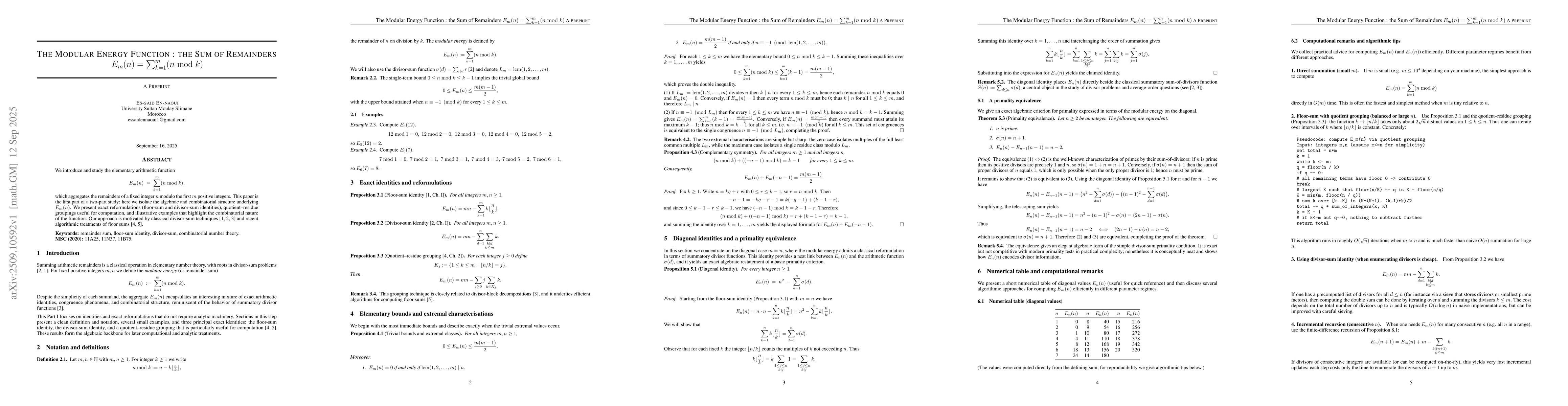 Thumbnail for The Modular Energy Function: Exact Identities and a Primality
  Equivalence