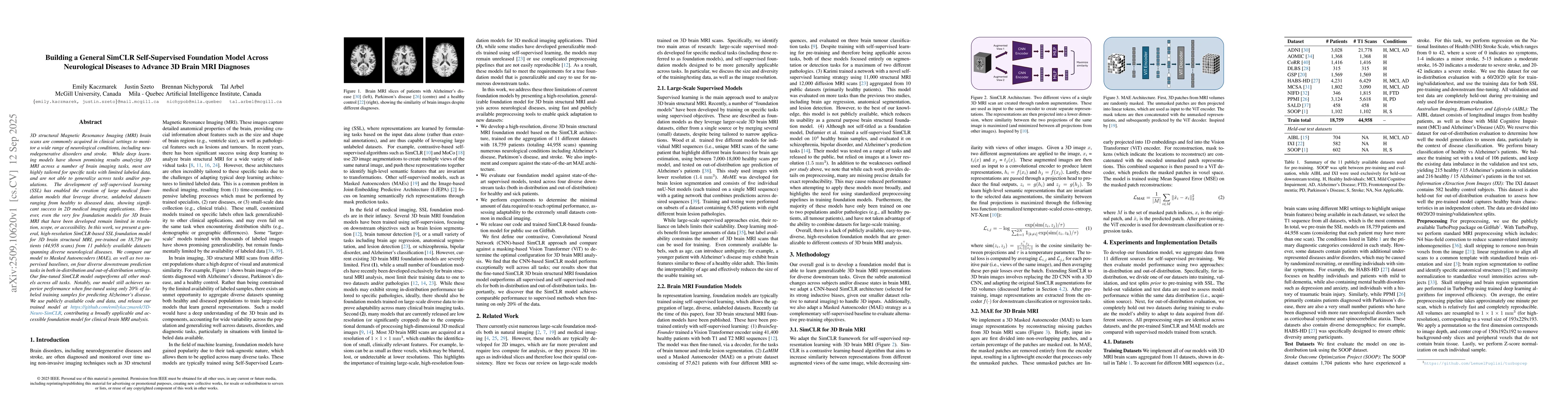 Thumbnail for Building a General SimCLR Self-Supervised Foundation Model Across
  Neurological Diseases to Advance 3D Brain MRI Diagnoses
