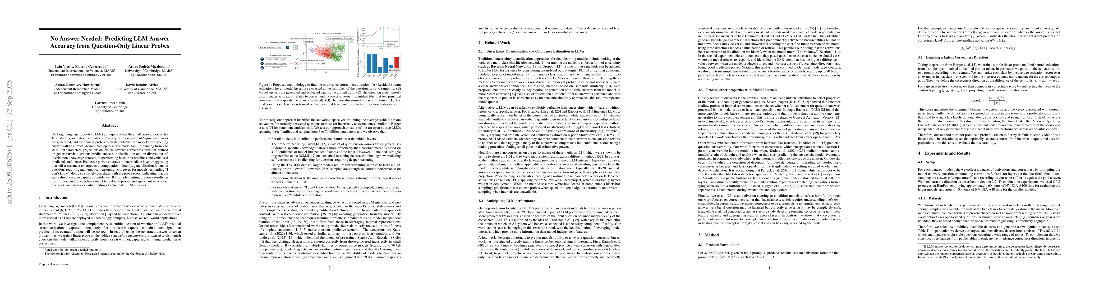 Thumbnail for No Answer Needed: Predicting LLM Answer Accuracy from Question-Only
  Linear Probes