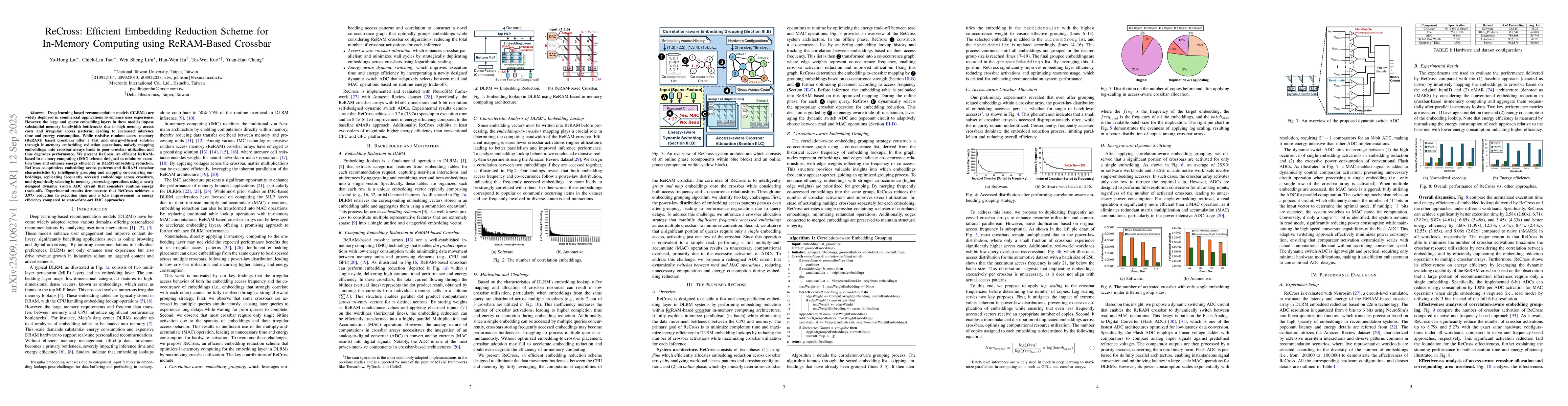 Thumbnail for ReCross: Efficient Embedding Reduction Scheme for In-Memory Computing
  using ReRAM-Based Crossbar