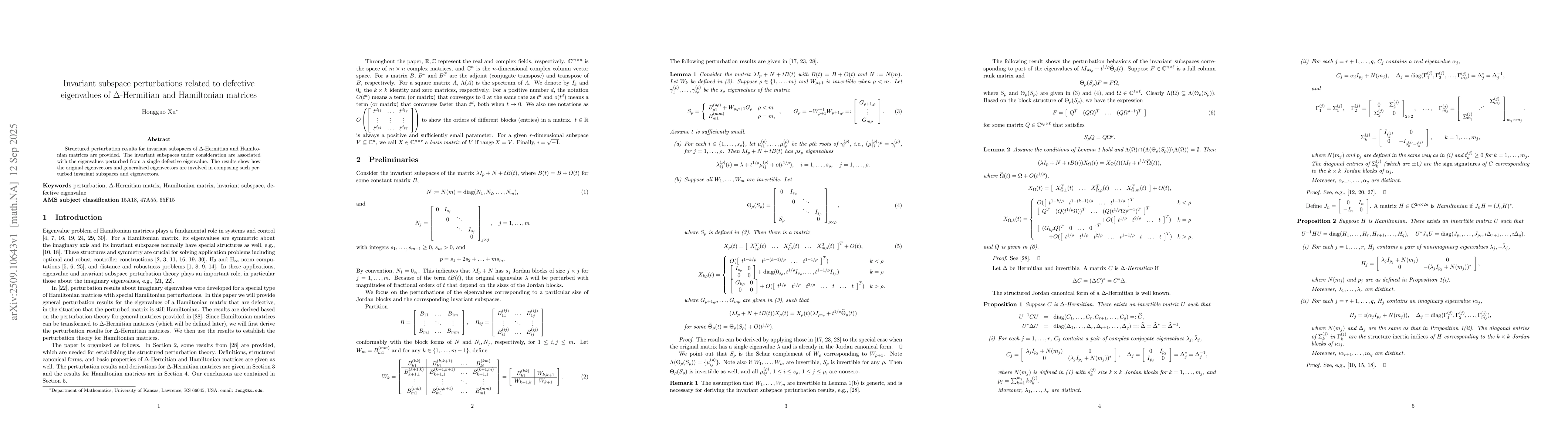 Thumbnail for Invariant subspace perturbations related to defective eigenvalues of
  $Δ$-Hermitian and Hamiltonian matrices