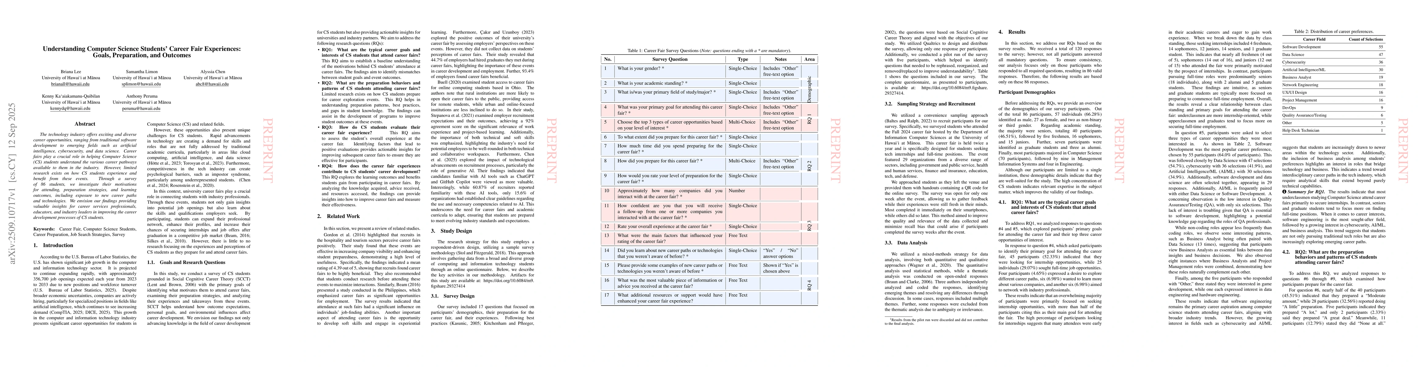 Thumbnail for Understanding Computer Science Students' Career Fair Experiences: Goals,
  Preparation, and Outcomes