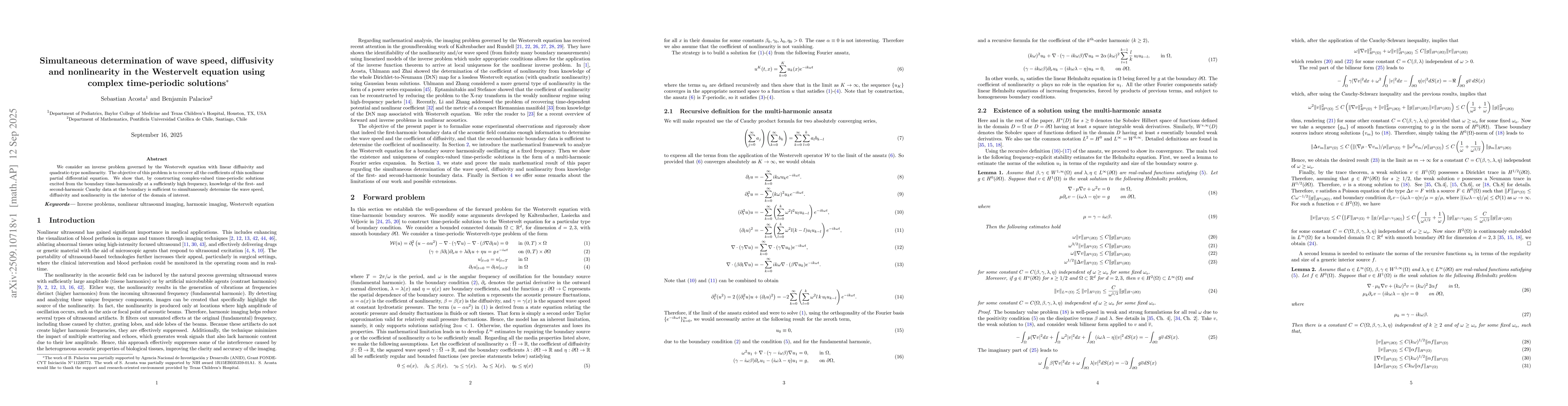 Thumbnail for Simultaneous determination of wave speed, diffusivity and nonlinearity
  in the Westervelt equation using complex time-periodic solutions