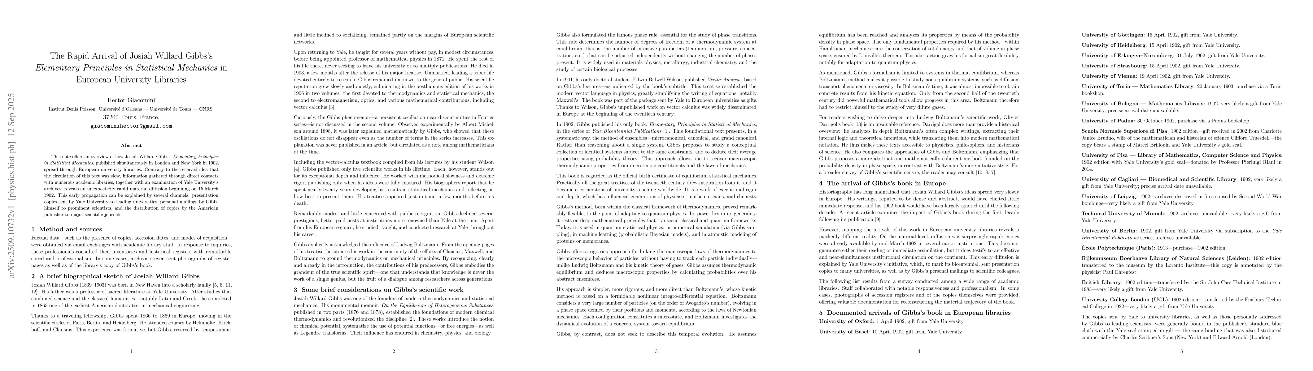 Thumbnail for The Rapid Arrival of Josiah Willard Gibbs's Elementary Principles in
  Statistical Mechanics in European University Libraries
