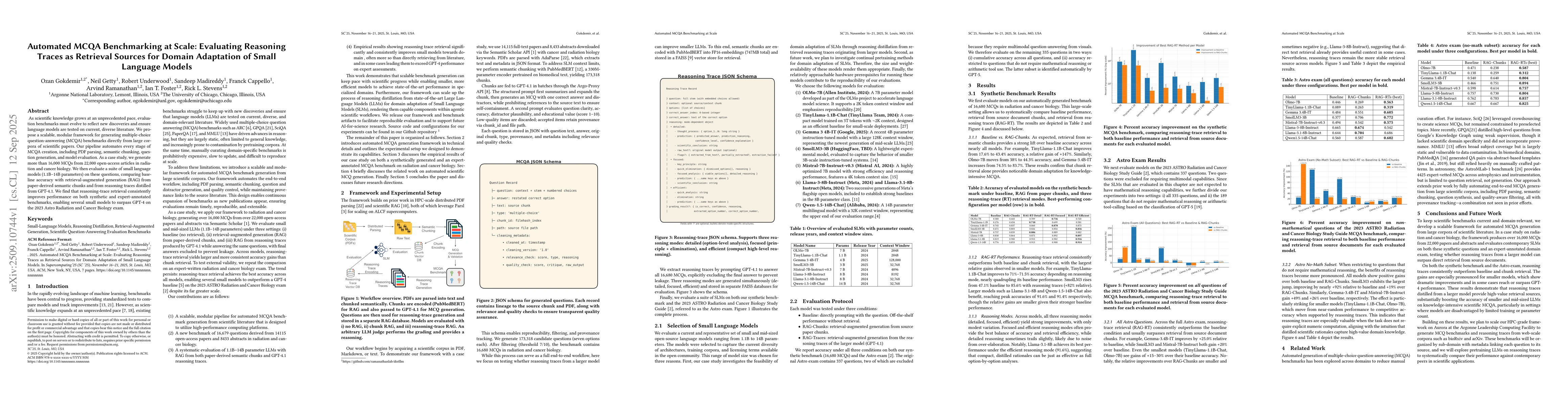Thumbnail for Automated MCQA Benchmarking at Scale: Evaluating Reasoning Traces as
  Retrieval Sources for Domain Adaptation of Small Language Models