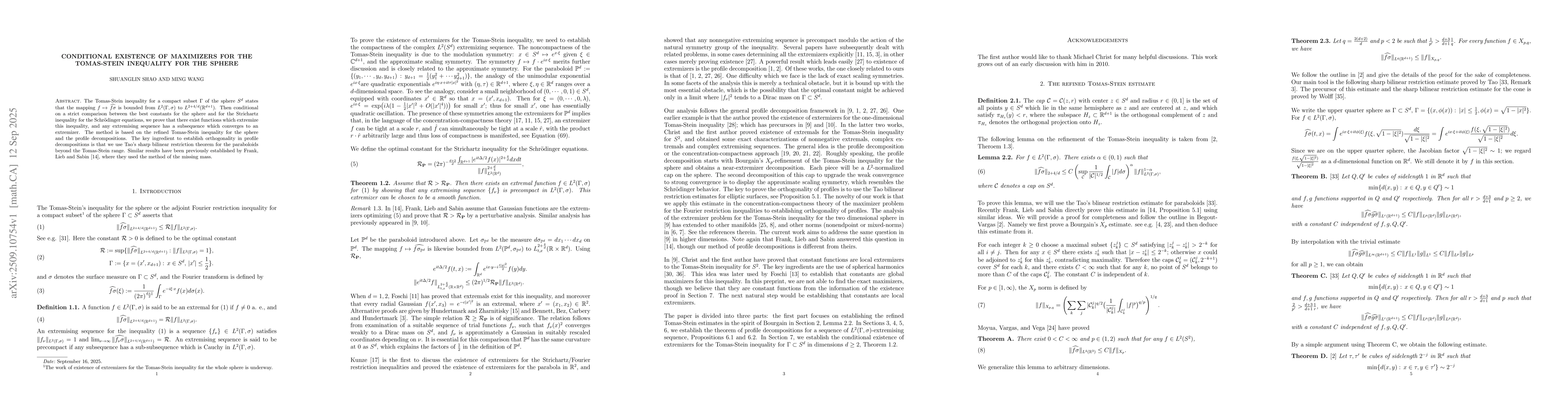 Thumbnail for Conditional existence of maximizers for the Tomas-Stein inequality for
  the sphere