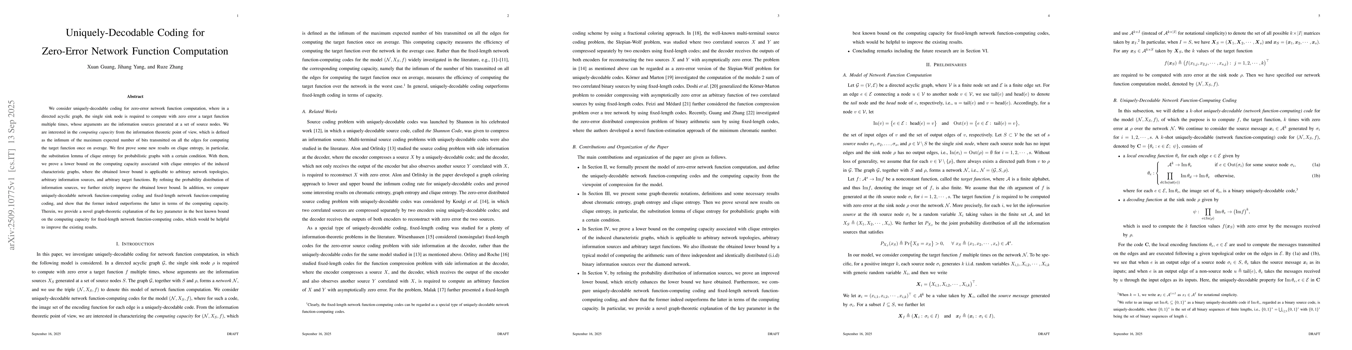 Thumbnail for Uniquely-Decodable Coding for Zero-Error Network Function Computation