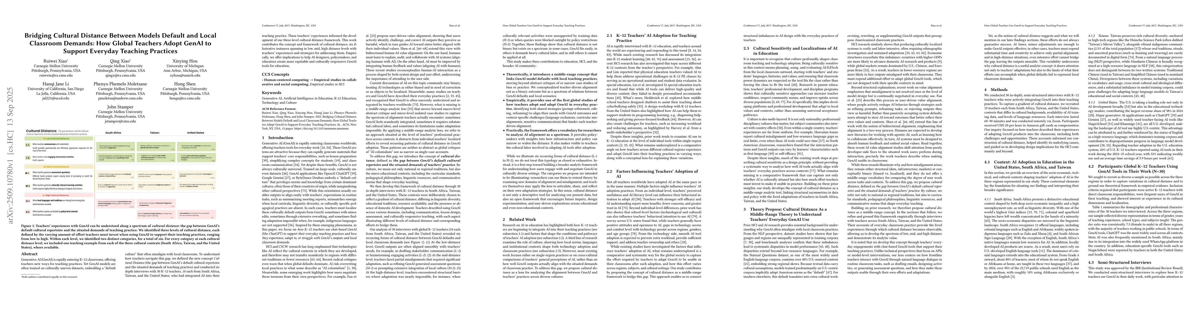 Thumbnail for Bridging Cultural Distance Between Models Default and Local Classroom
  Demands: How Global Teachers Adopt GenAI to Support Everyday Teaching
  Practices