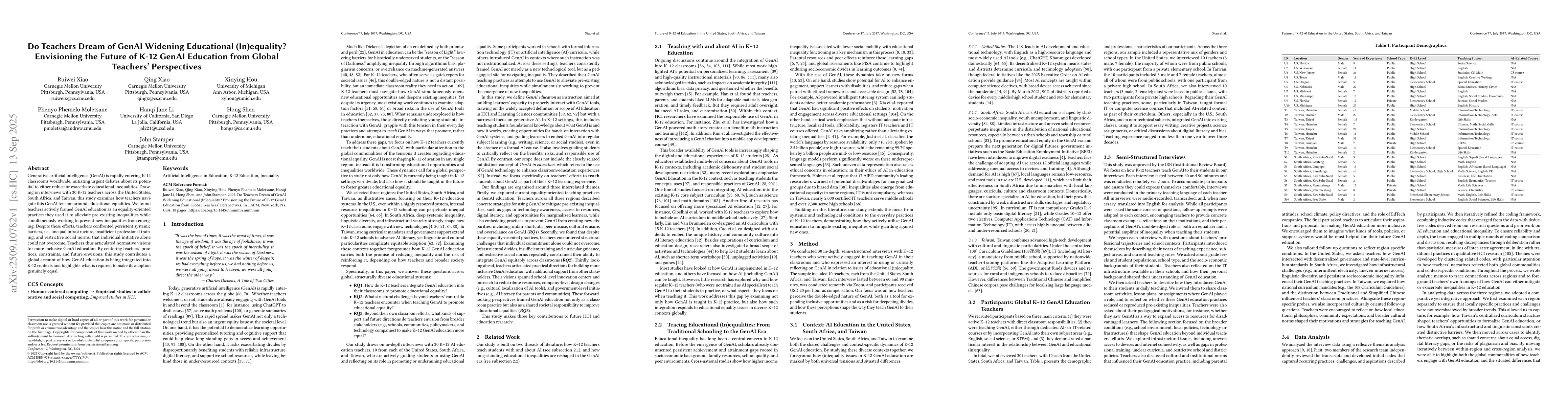 Thumbnail for Do Teachers Dream of GenAI Widening Educational (In)equality?
  Envisioning the Future of K-12 GenAI Education from Global Teachers'
  Perspectives