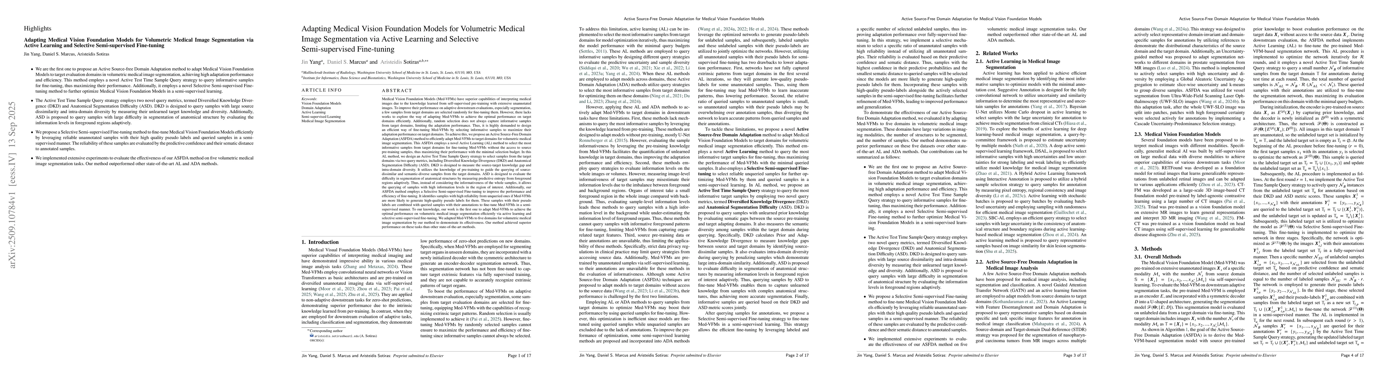 Thumbnail for Adapting Medical Vision Foundation Models for Volumetric Medical Image
  Segmentation via Active Learning and Selective Semi-supervised Fine-tuning