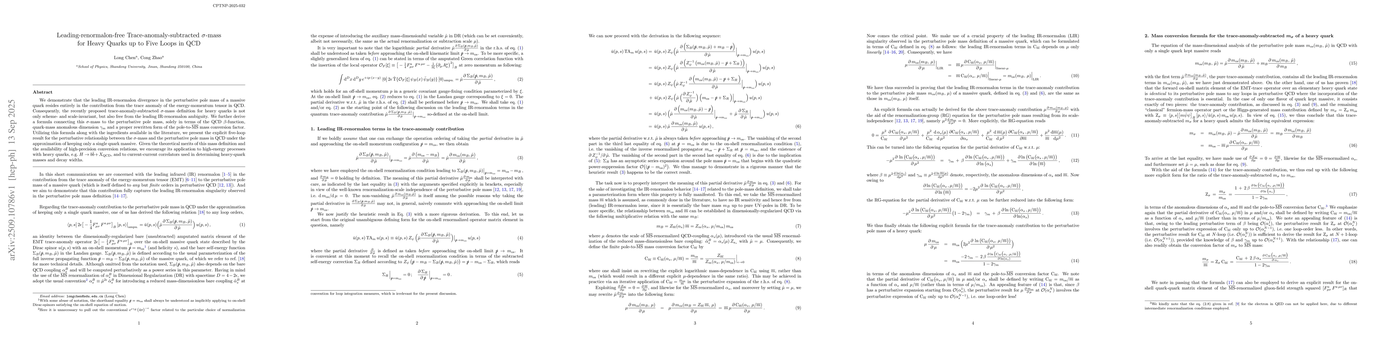 Thumbnail for Leading-renormalon-free Trace-anomaly-subtracted $σ$-mass for Heavy
  Quarks up to Five Loops in QCD