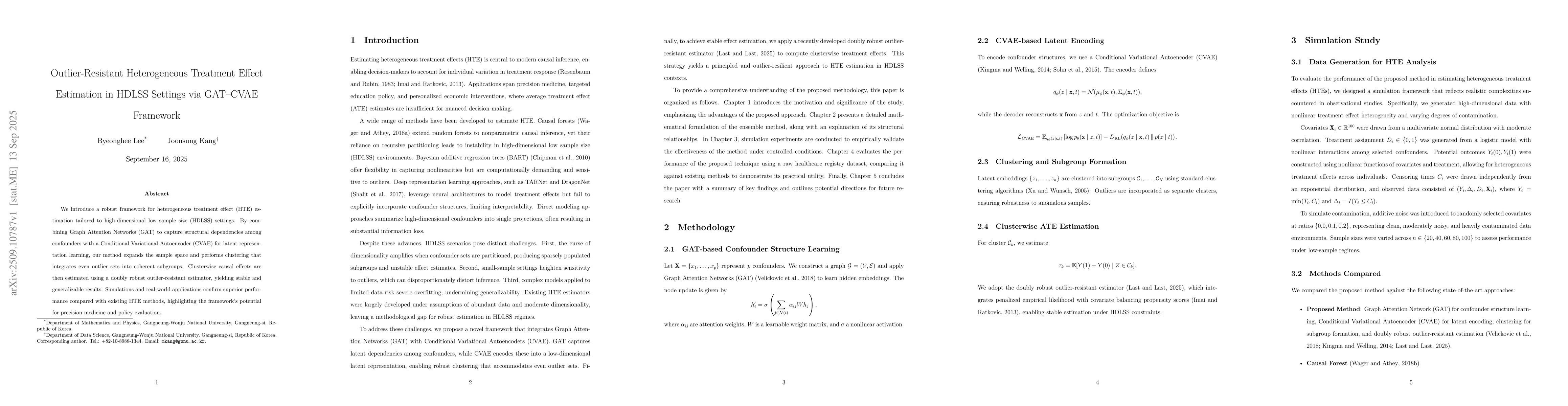 Thumbnail for Outlier-Resistant Heterogeneous Treatment Effect Estimation in HDLSS
  Settings via GAT--CVAE Framework